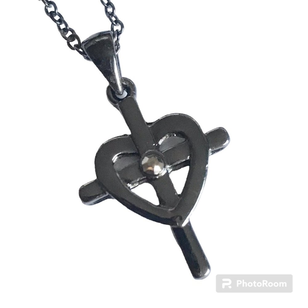 Sacred Heart Cross Necklace 18" Gunmetal Plated Crystal Catholic Christian Gift